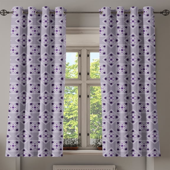 Ambesonne Vintage Grommet Curtain, Ornate Sqaures Swirls, 50" x 63", Lilac Purple Dark Purple