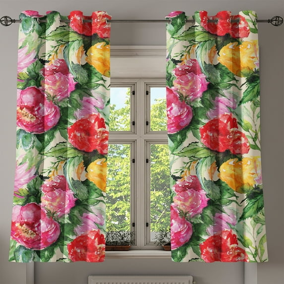 Ambesonne Vintage Grommet Curtain, Peony Rose Flowers Pattern, 50"x60", Dark Orange Fern Green