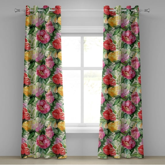 Ambesonne Vintage Grommet Curtain, Peony Rose Flowers Pattern, 50"x84", Dark Orange Fern Green