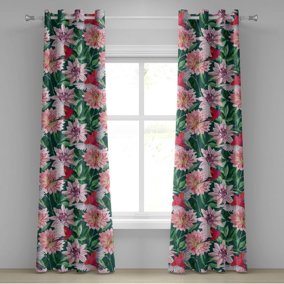 Ambesonne Vintage Grommet Curtain, Pink Flowers Hand-Drawn Art, 50"x96", Dark Coral and Jade Green