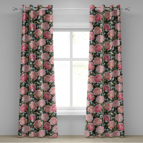 Ambesonne Vintage Grommet Curtain, Pink-Tone Summer Flowers, 50"x108", Dark Coral and Olive Green