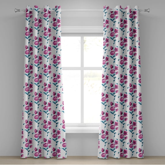 Ambesonne Vintage Grommet Curtain, Poppies Leaves Buds, 50" x 108", Fuchsia and Petrol Blue