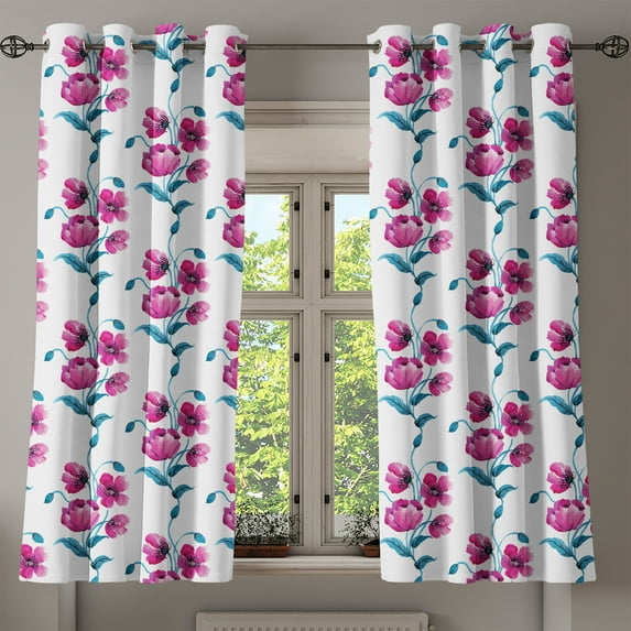 Ambesonne Vintage Grommet Curtain, Poppies Leaves Buds, 50" x 63", Fuchsia and Petrol Blue