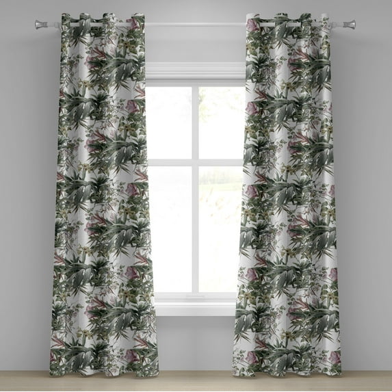 Ambesonne Vintage Grommet Curtain, Retro Bloom Exotic Leaves, 50"x108", Reseda Green and Rose