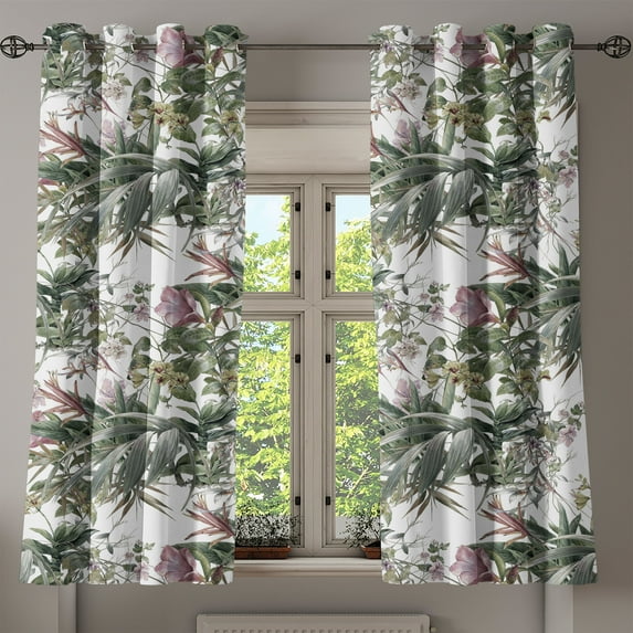 Ambesonne Vintage Grommet Curtain, Retro Bloom Exotic Leaves, 50"x63", Reseda Green and Rose