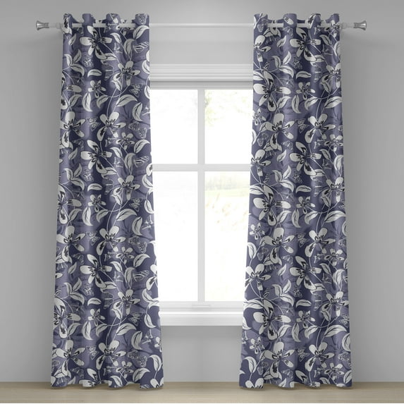 Ambesonne Vintage Grommet Curtain, Retro Butterfly Flower Art, 50"x96", Dark Indigo Grey and White