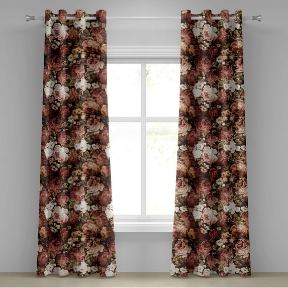 Ambesonne Vintage Grommet Curtain, Retro English Garden Peony, 50"x72", Seal Brown and Pale Rust