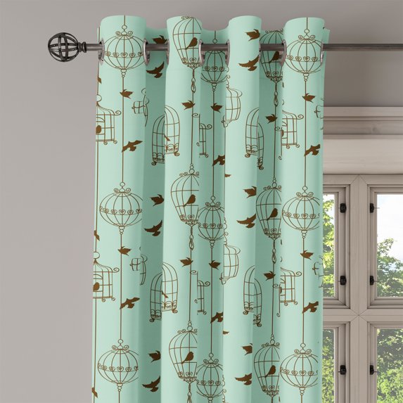 Ambesonne Vintage Grommet Curtain Single Panel, Birds and Cages Art, 50"x60", Mint Green and Brown