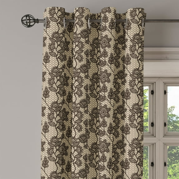 Ambesonne Vintage Grommet Curtain Single Panel, Floral Doodle Leaves, 50"x60", Beige Brown
