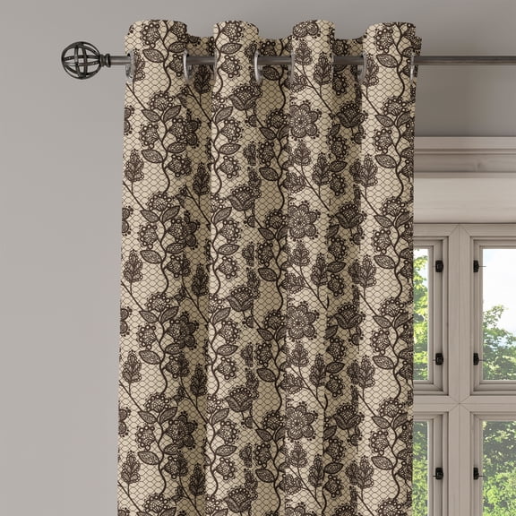 Ambesonne Vintage Grommet Curtain Single Panel, Floral Doodle Leaves, 50"x60", Beige Brown