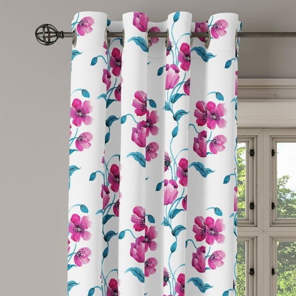 Ambesonne Vintage Grommet Curtain Single Panel, Poppies Leaves Buds, 50"x60", Fuchsia and Petrol Blue