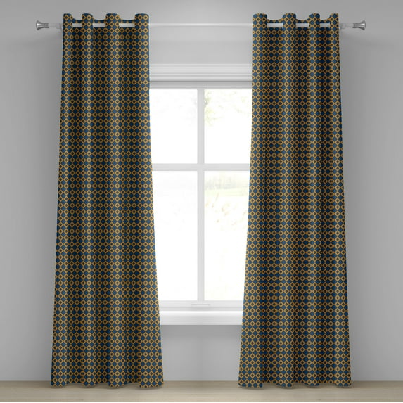 Ambesonne Vintage Grommet Curtain, Squares Chain Mesh Tile, 50" x 120", Dark Blue Orange