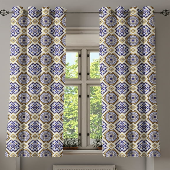 Ambesonne Vintage Grommet Curtain, Victorian Geometric, 50" x 63", Earth Yellow and Dark Blue
