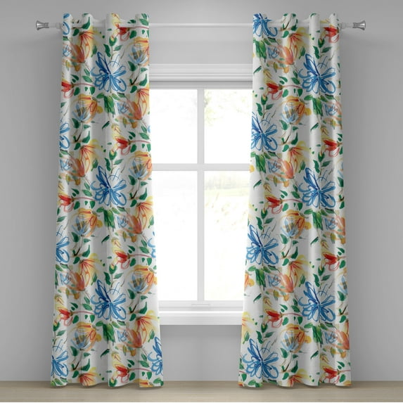 Ambesonne Vintage Grommet Curtain, Watercolor Flowers Leaves, 50"x108", Deep Sky Blue Dark Green