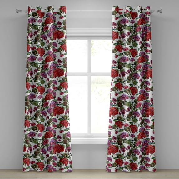 Ambesonne Vintage Grommet Curtain, Watercolor Geranium Flowers, 50"x84", Peacock Green Raspberry