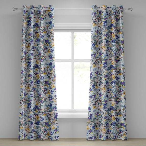 Ambesonne Vintage Grommet Curtain, Watercolor Spring Flower, 50"x72", Ceil Blue Earth Yellow