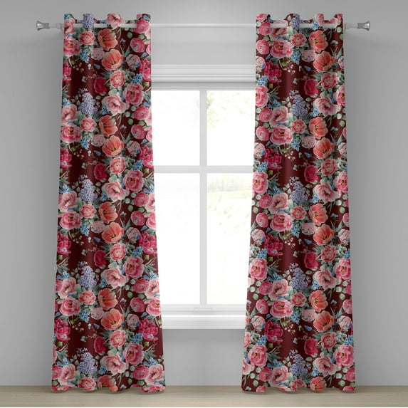 Ambesonne Vintage Grommet Curtain, Watercolor Summer Flowers, 50"x84", Dark Coral and Sage Green