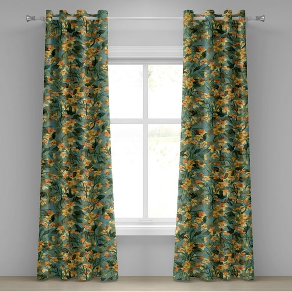 Ambesonne Vintage Grommet Curtain, Yellow-Tone Flowers Art, 50"x84", Dark Peach and Olive Green