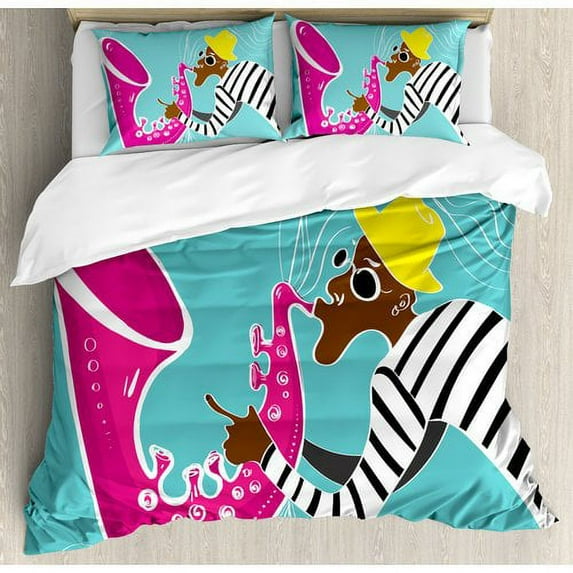 Ambesonne Vintage Groovy Hippie Jazz Musician Saxophone Trumpet Good Vibes Sound Concert Art Duvet Cover Set
