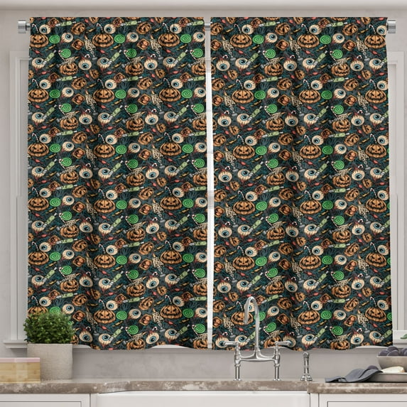 Ambesonne Vintage Halloween Kitchen Curtains, Eyes and Sweets, 55"x39", Pale Cinnamon and Lime Green