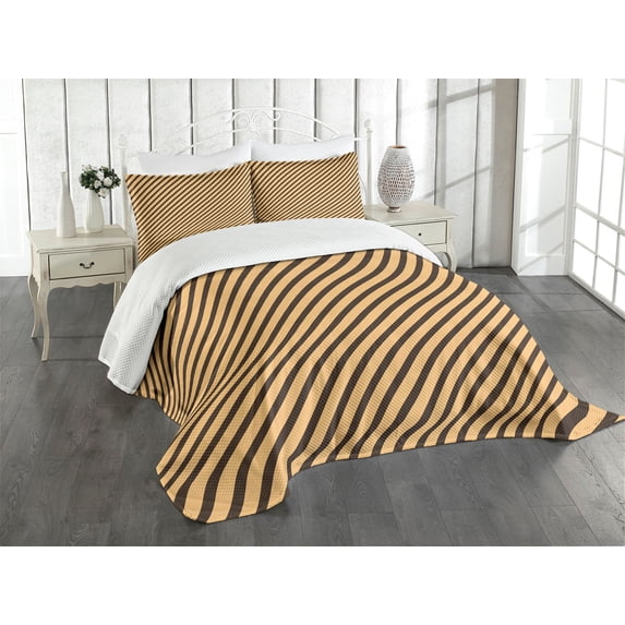 Ambesonne Vintage Home Quilted Bedspread Set 3 Pcs, Striped Modern, King Size, Sand Brown Chocolate