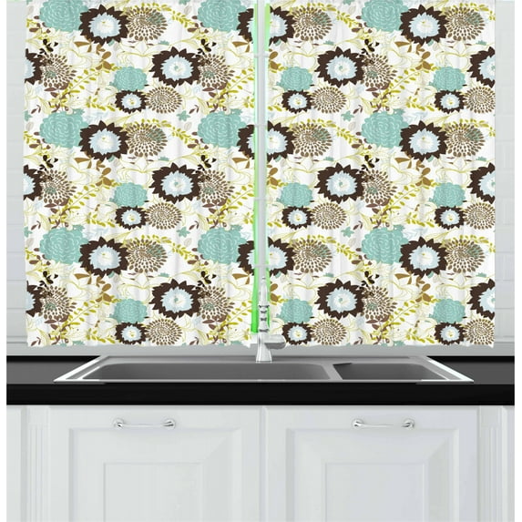 Ambesonne Vintage Kitchen Curtains, Abstract Ornate Flower, 55"x39", Seafoam Brown Green