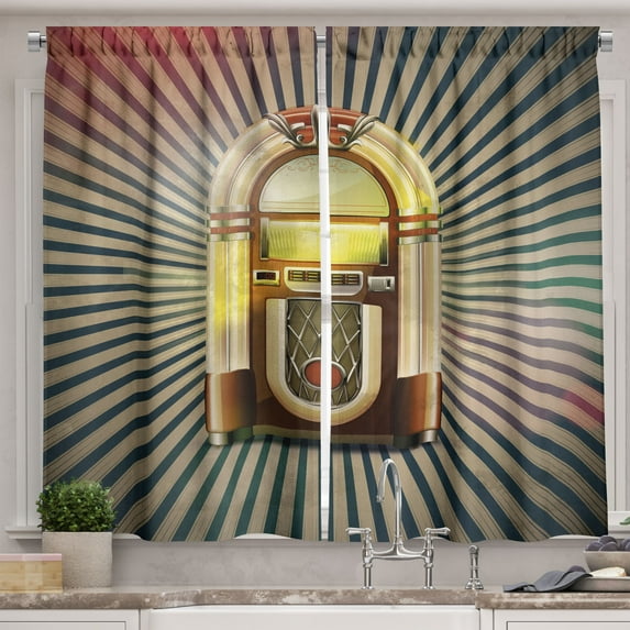 Ambesonne Vintage Kitchen Curtains, Antique Radio Music Box, 55"x45", Petrol Blue Beige