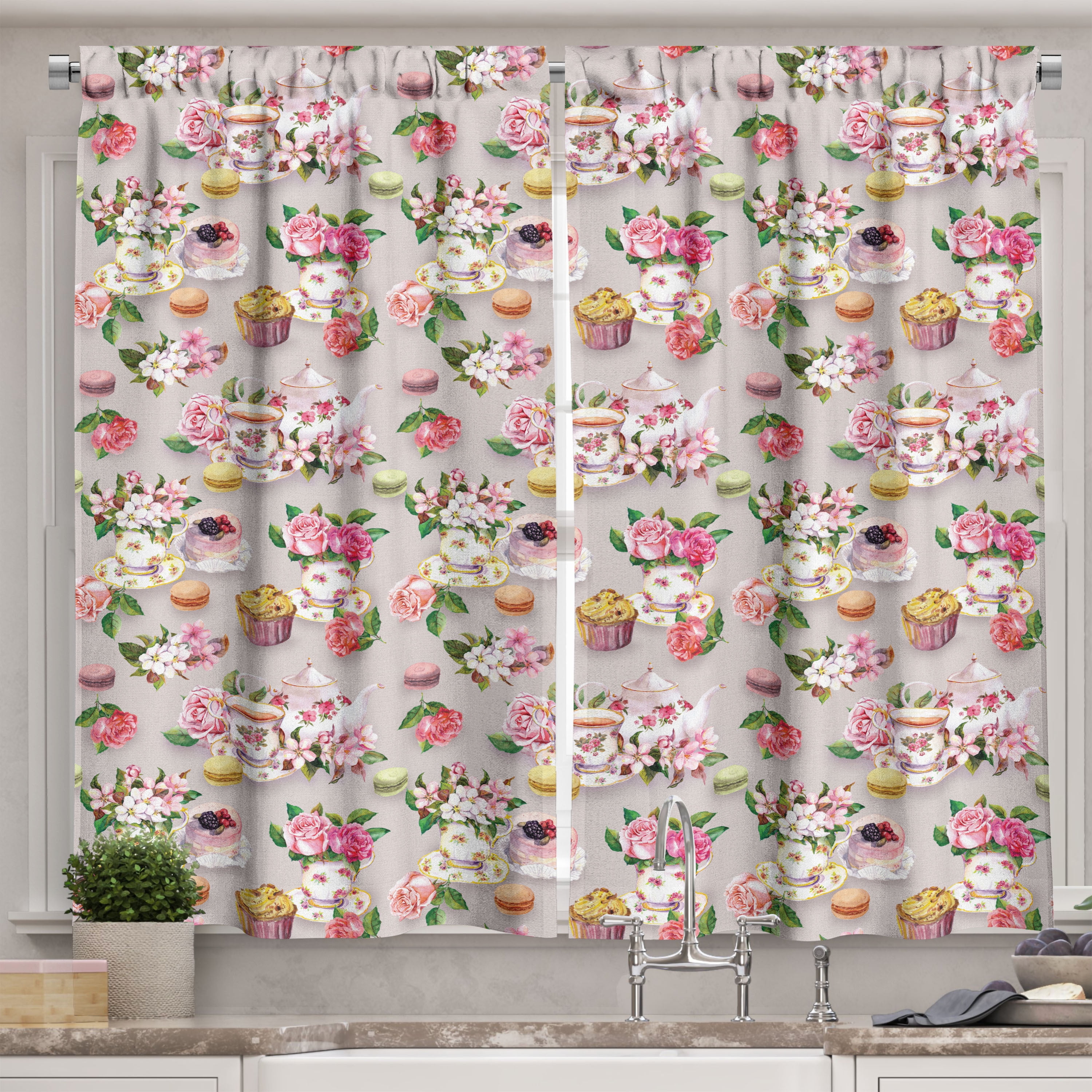 Ambesonne Vintage Kitchen Curtains, Antique Retro Tea Set, 55\, image size:3000x3000
