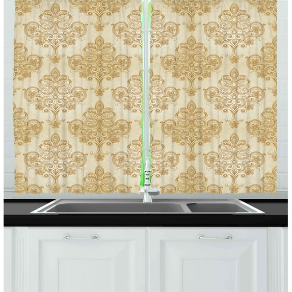 Ambesonne Vintage Kitchen Curtains, Baroque Curved Flowers, 55"x39", Cream Pale Brown