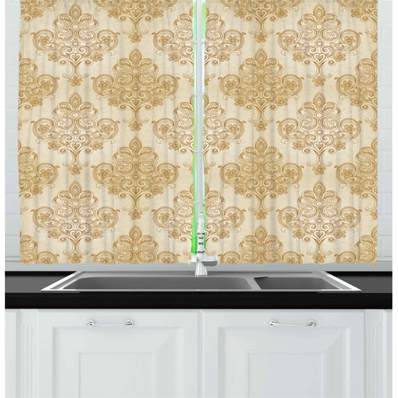 Ambesonne Vintage Kitchen Curtains, Baroque Curved Flowers, 55"x45", Cream Pale Brown