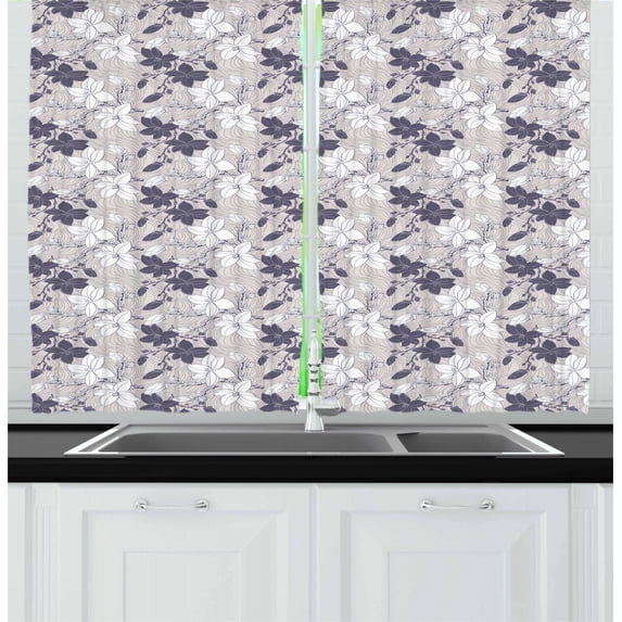 Ambesonne Vintage Kitchen Curtains, Blooming Magnolia Buds, 55"x39", Dark Mauve Pale Grey