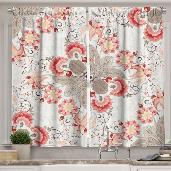 Ambesonne Vintage Kitchen Curtains, Bohemian Nostalgic Flowers, 55"x24", Tan Dark Pink and Rose
