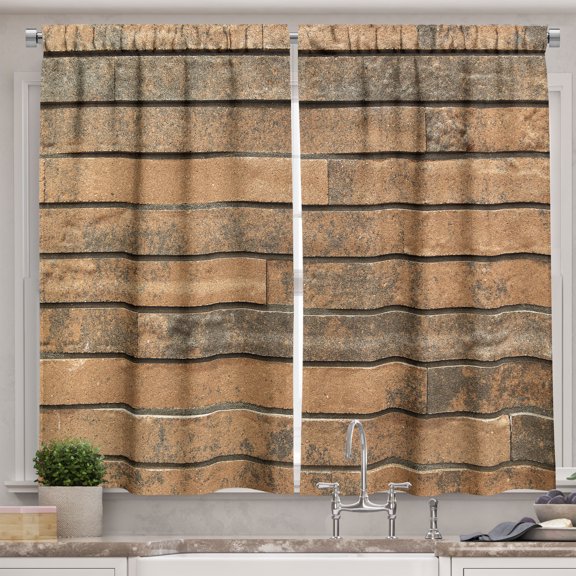 Ambesonne Vintage Kitchen Curtains, Brick Wall Grungy Pattern, 55"x24", Pale Brown and Dark Khaki