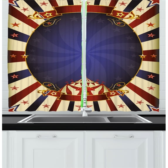 Ambesonne Vintage Kitchen Curtains, Circus Poster Image, 55"x39", Pale Yellow Navy Blue
