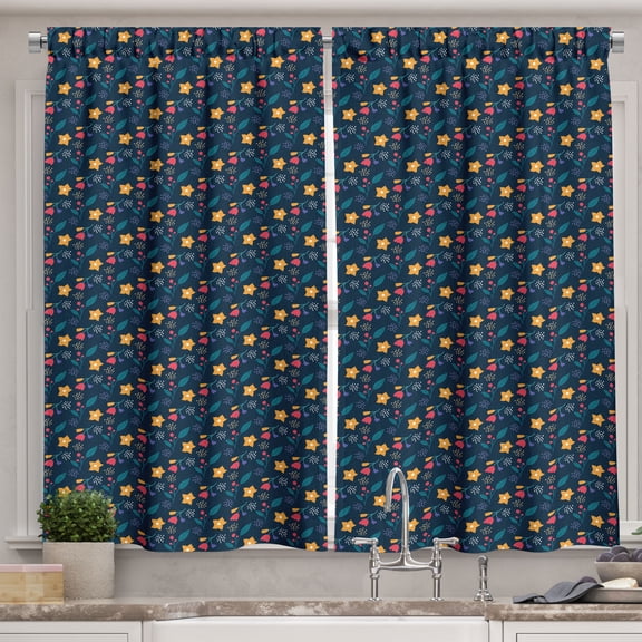 Ambesonne Vintage Kitchen Curtains, Dots Leaves Flowers Plot, 55"x30", Marigold Coral Night Blue