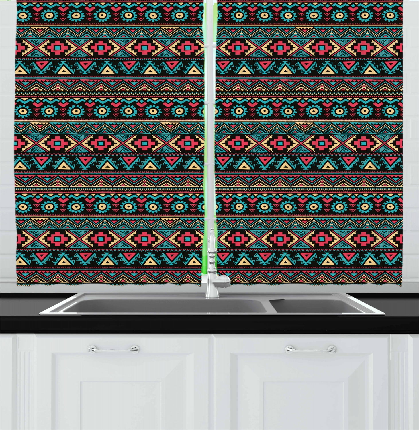 Aztec Pattern Blue and Red Light-Filtering Kitchen Curtains