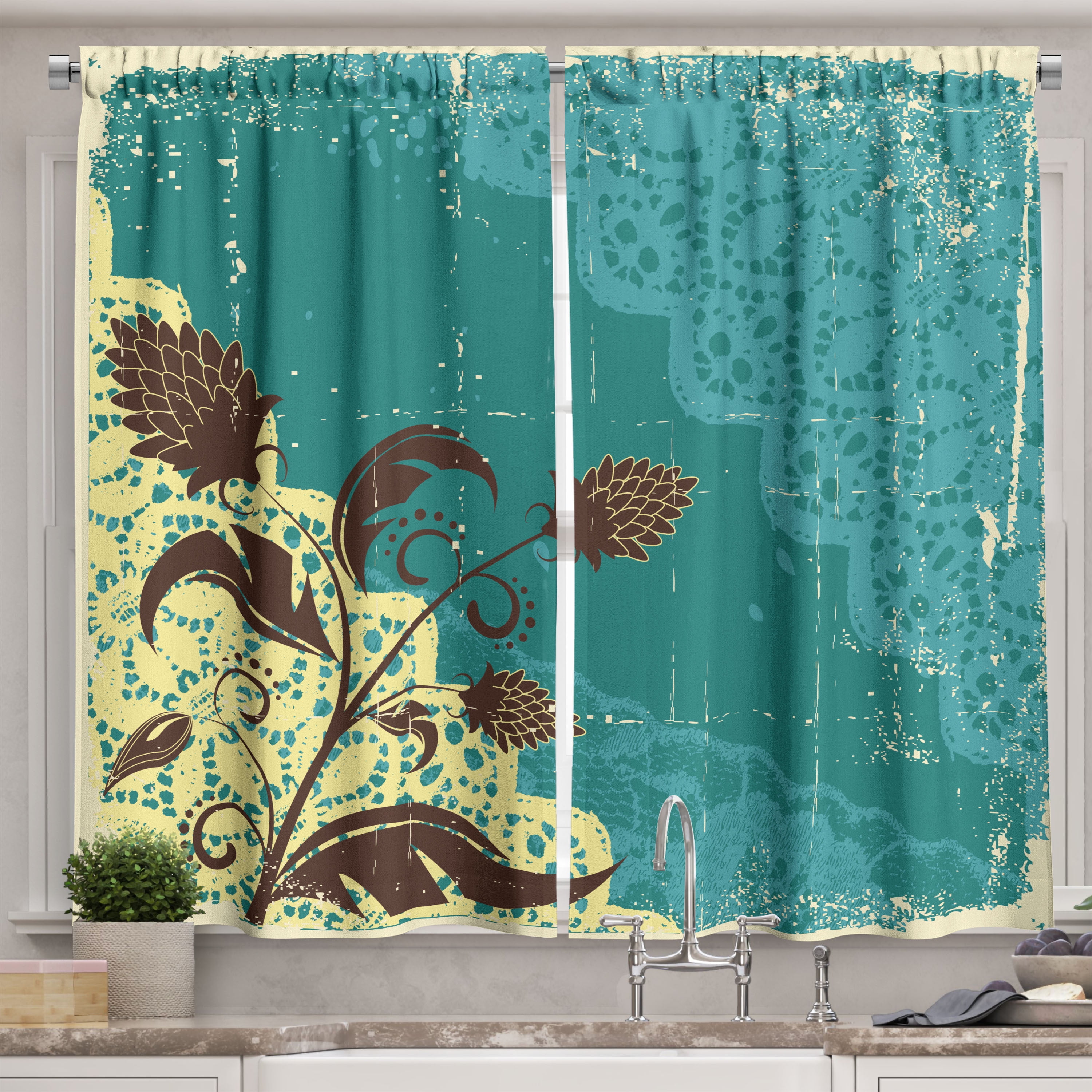 Vintage Floral Lace Light-Filtering Polyester Kitchen Curtains