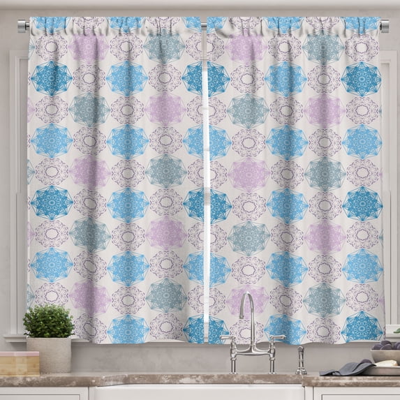Ambesonne Vintage Kitchen Curtains, Geometric Floral Motifs Art, 55"x39", Deep Sky Blue and Lilac