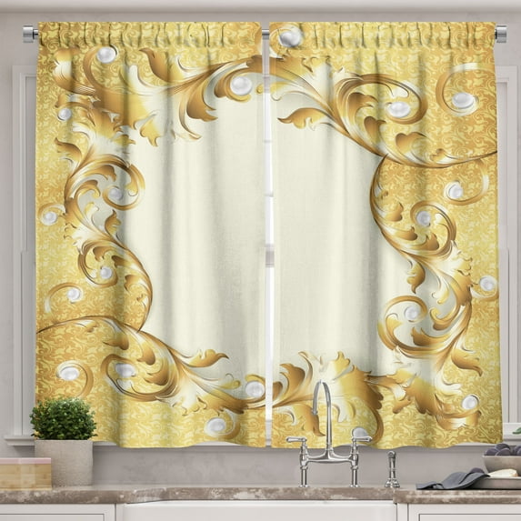 Ambesonne Vintage Kitchen Curtains, Golden Floral Ornament, 55"x45", Cream Yellow