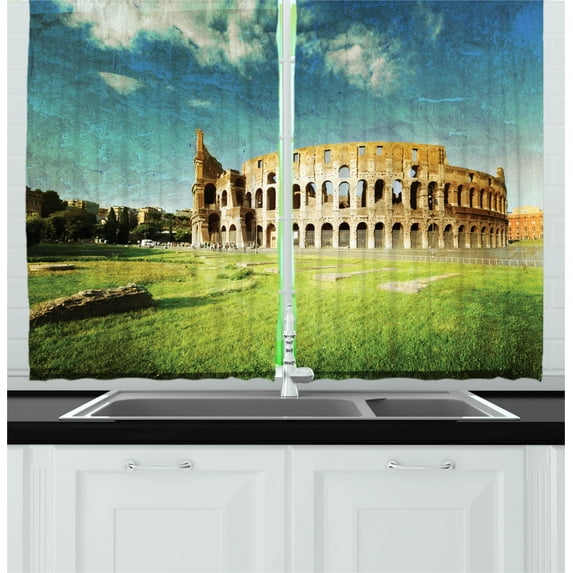Ambesonne Vintage Kitchen Curtains, Italian Sunset Rome, 55"x39", Green Blue