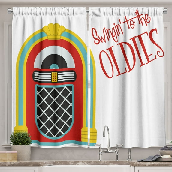 Ambesonne Vintage Kitchen Curtains, Jazz Age Party Music, 55"x45", Red Sky Blue and Yellow