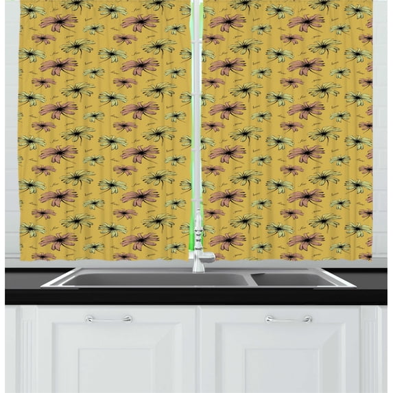 Ambesonne Vintage Kitchen Curtains, Love Flowers Faded Tones, 55"x45", Dark Yellow Multicolor