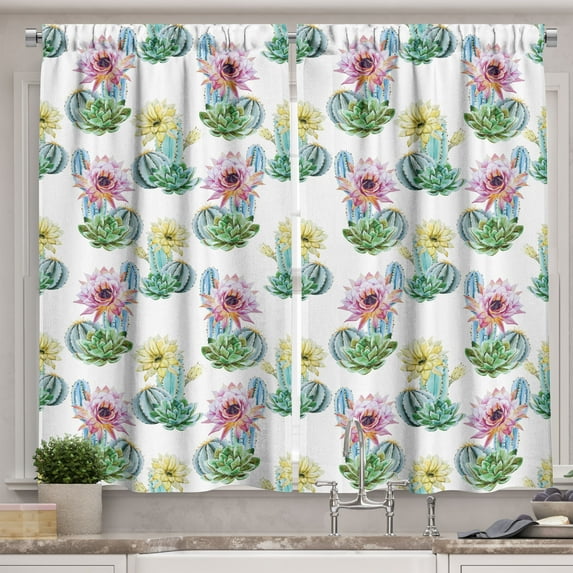 Ambesonne Vintage Kitchen Curtains, Mexican Plant Cactus, 55"x45", Pink Green and Blue