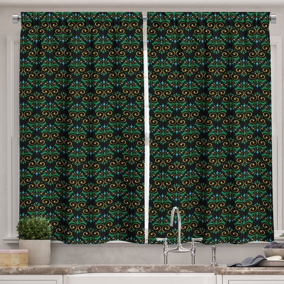 Ambesonne Vintage Kitchen Curtains, Minimalist Botanical Art, 55"x36", Forest Green Sky Blue