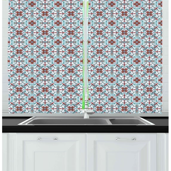 Ambesonne Vintage Kitchen Curtains, Moroccan Floral Mosaic Art, 55"x45", Pale Blue Red Green
