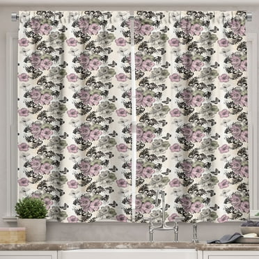 Ambesonne Vintage Kitchen Curtains, Nostalgic Floral Pattern, 55"x30", Multicolor