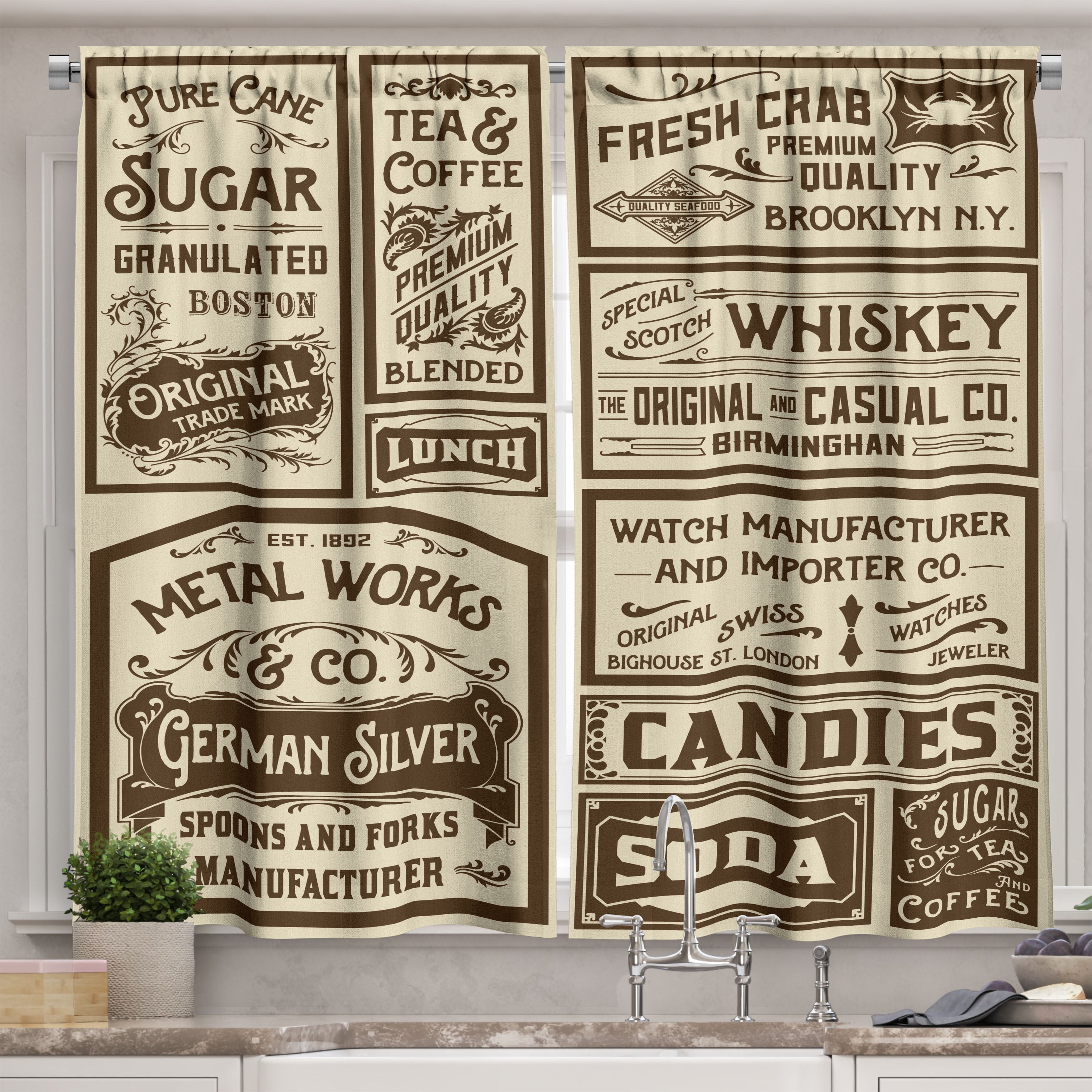 Vintage Brown Polyester Light-Filtering Kitchen Tier Curtains