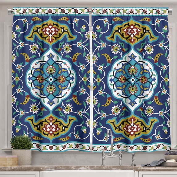Ambesonne Vintage Kitchen Curtains, Oriental Tile Effects, 55"x45", Mustard Royal Blue