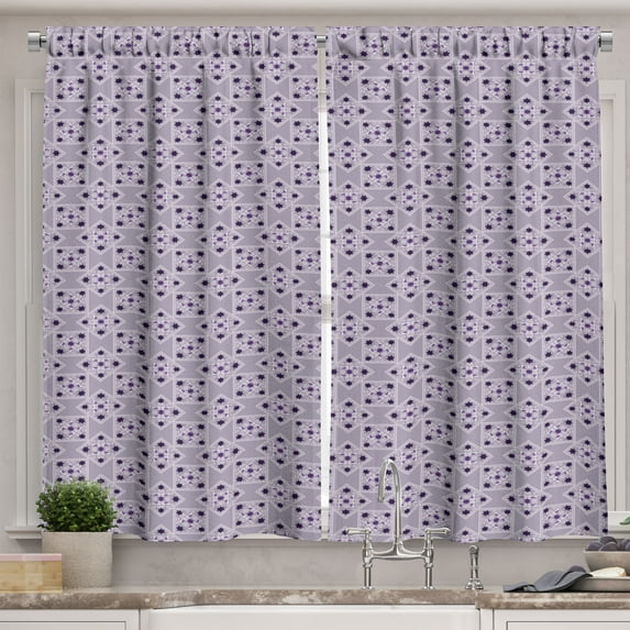 Ambesonne Vintage Kitchen Curtains, Ornate Sqaures Swirls, 55"x45", Lilac Purple Dark Purple
