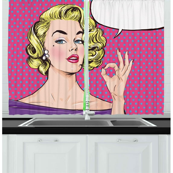 Ambesonne Vintage Kitchen Curtains, Pop Art Woman OK Sign, 55"x39", Multicolor